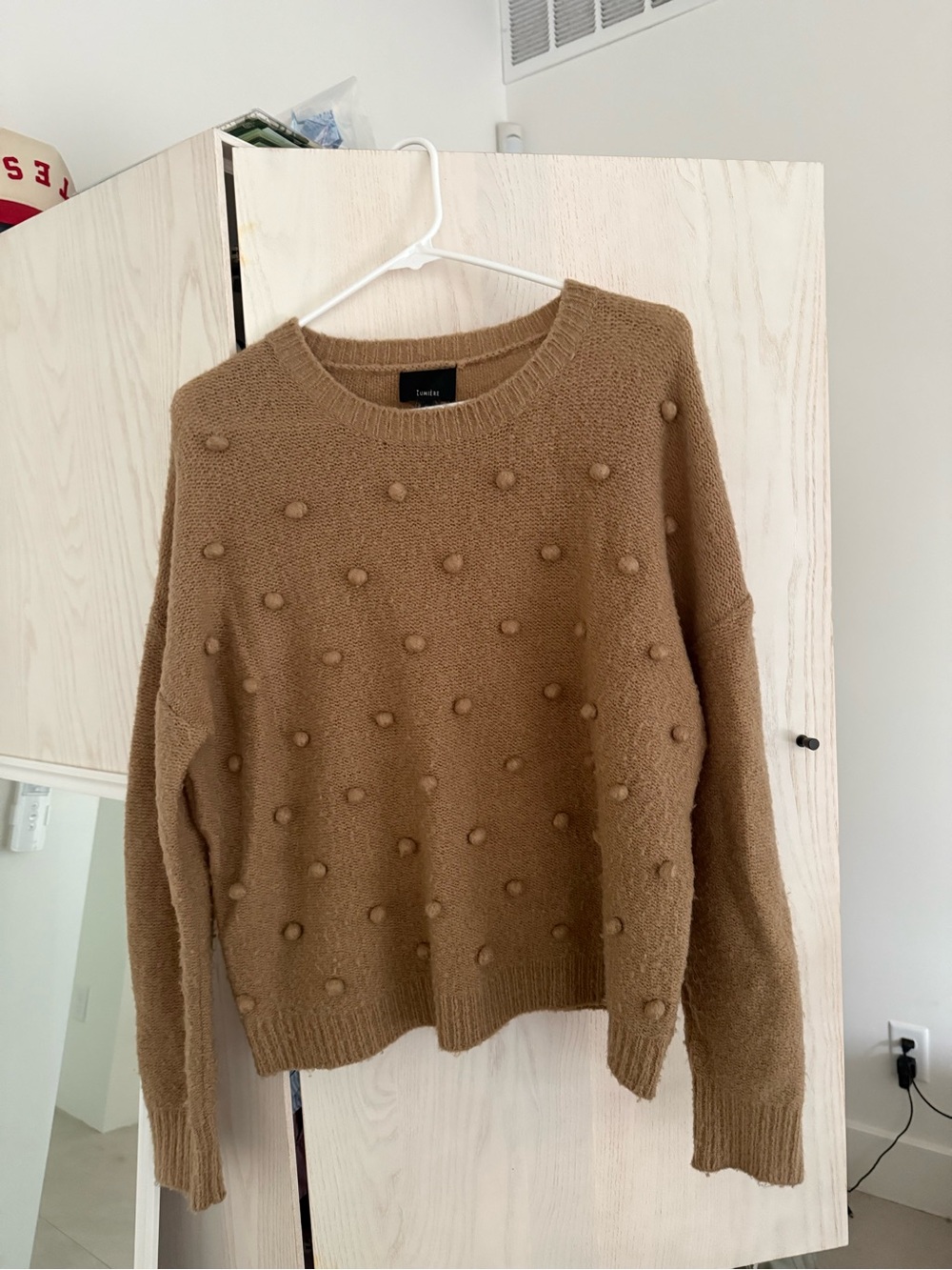 Textured Pom-Pom Crewneck Sweater in Camel